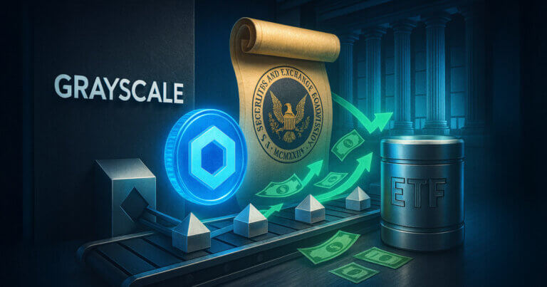 GRAYSCALE wordmark beside a glowing Chainlink hexagon, with a golden SEC scroll and NYSE columns framing ETF blocks on a conveyor.