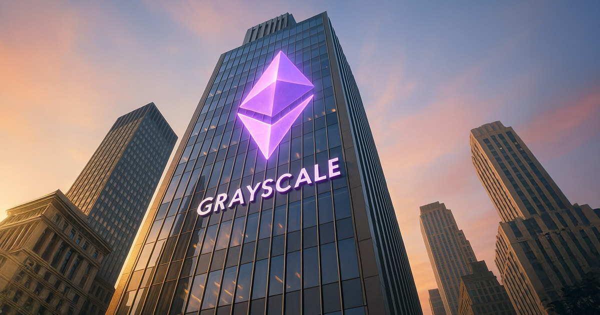 Grayscale’s headquarters glows with an Ethereum symbol as the company unveils its new Ethereum ETF - Cover art/illustration via CryptoSlate.