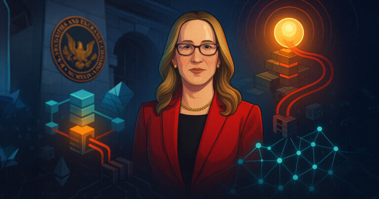 A regulator in a red blazer stands between an SEC seal and a glowing centralized sequencer funneling transactions while a teal decentralized node network runs autonomously below.