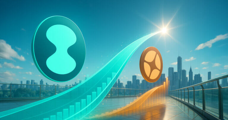 A bright, sunlit financial plaza shows Aster’s mint logo surging ahead of Hyperliquid’s peach logo on rising translucent volume curves against a blue skyline