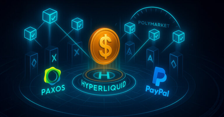 Neon-lit arena centers a dollar-stamped coin on Hyperliquid’s platform flanked by Paxos and PayPal emblems, while validator nodes beam votes toward competing pillars to issue USDH.