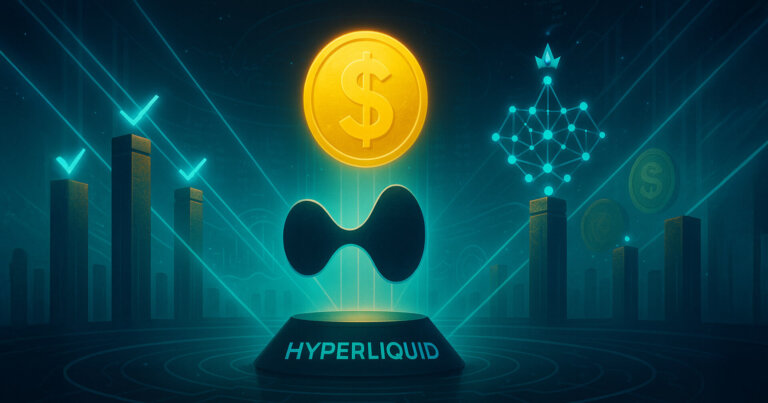 Validator beams converge on a dollar-stablecoin rising above Hyperliquid’s logo as a crowned node cluster signifies Native Markets being chosen to issue USDH.
