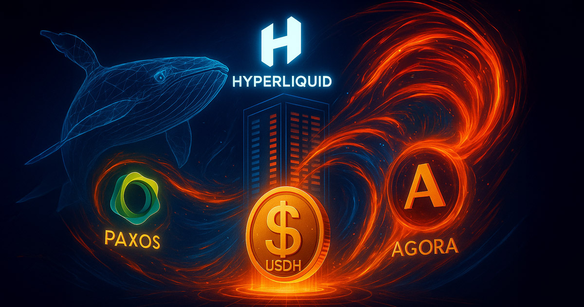 A glowing order book crowned by the Hyperliquid logo anchors a swirling clash of Paxos, Frax, and Agora emblems around a radiant USDH coin with a looming wireframe whale - Cover art/illustration via CryptoSlate.