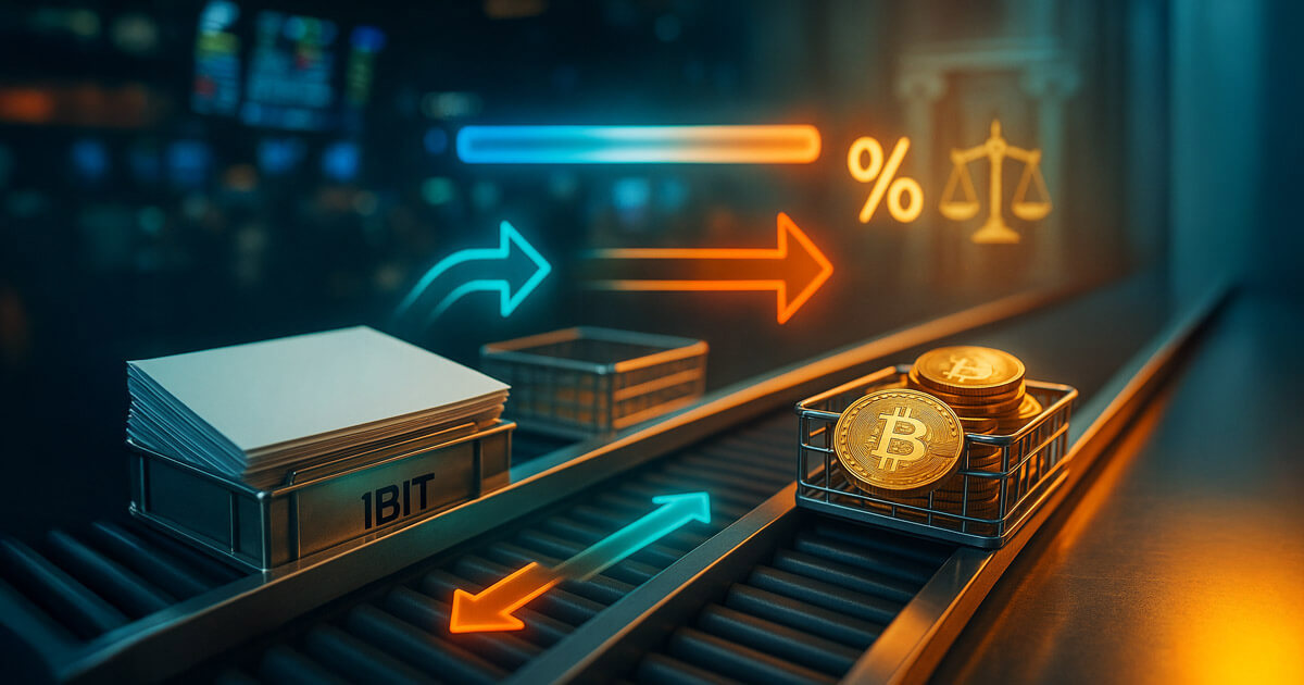 opposing conveyor lanes exchanging an iShares IBIT share stack and baskets of gleaming Bitcoins, with bright teal-and-gold flow arrows, a nearly touching bid–ask bar, and subtle courthouse columns and scales symbolizing tax efficiency and market spreads.