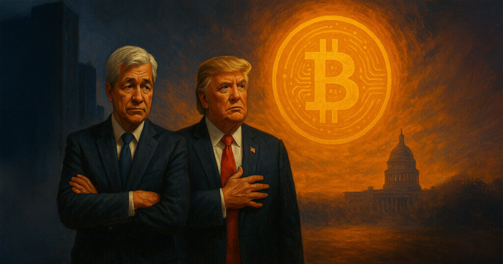 A semi-realistic painting shows Jamie Dimon with crossed arms and Donald Trump with a hand on his chest, both standing before a glowing Bitcoin sun over the Capitol building.