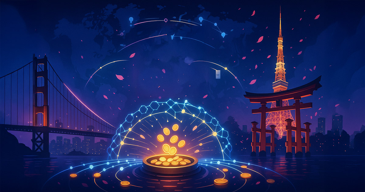 A glowing onigiri emblem anchors a neon bridge of blockchain rails linking San Francisco’s skyline to Tokyo Tower and a torii-framed bay, as coins flow into a rising venture pool