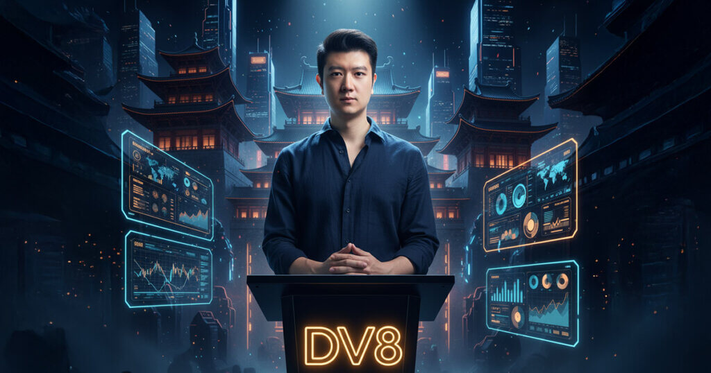 Jason Fang speaks at a DV8-branded podium during a digital finance summit stage under a glowing spotlight - Cover art/illustration via CryptoSlate.