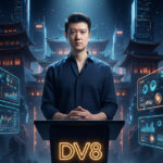 Jason Fang speaks at a DV8-branded podium during a digital finance summit stage under a glowing spotlight - Cover art/illustration via CryptoSlate.