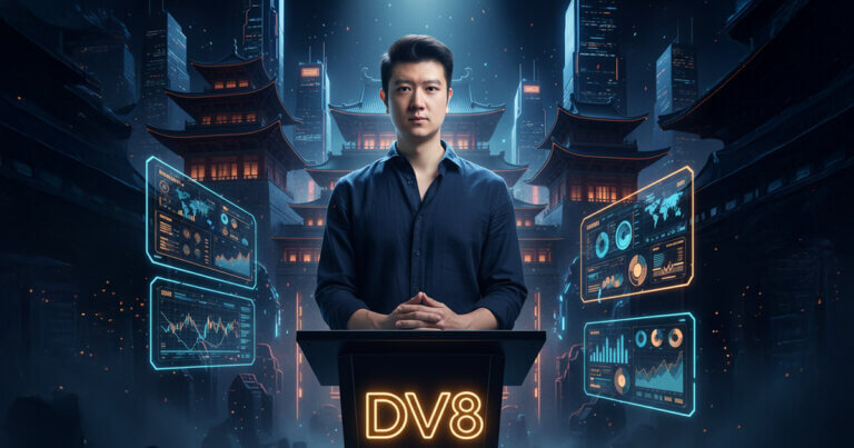 Jason Fang speaks at a DV8-branded podium during a digital finance summit stage under a glowing spotlight - Cover art/illustration via CryptoSlate.