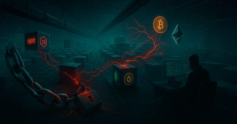 A sprawling cyberpunk warehouse of endless npm and Node.js package cubes leaks red digital tendrils that lash toward glowing Bitcoin and Ethereum logos while a shattered chain and ominous padlock signal a massive supply-chain breach.