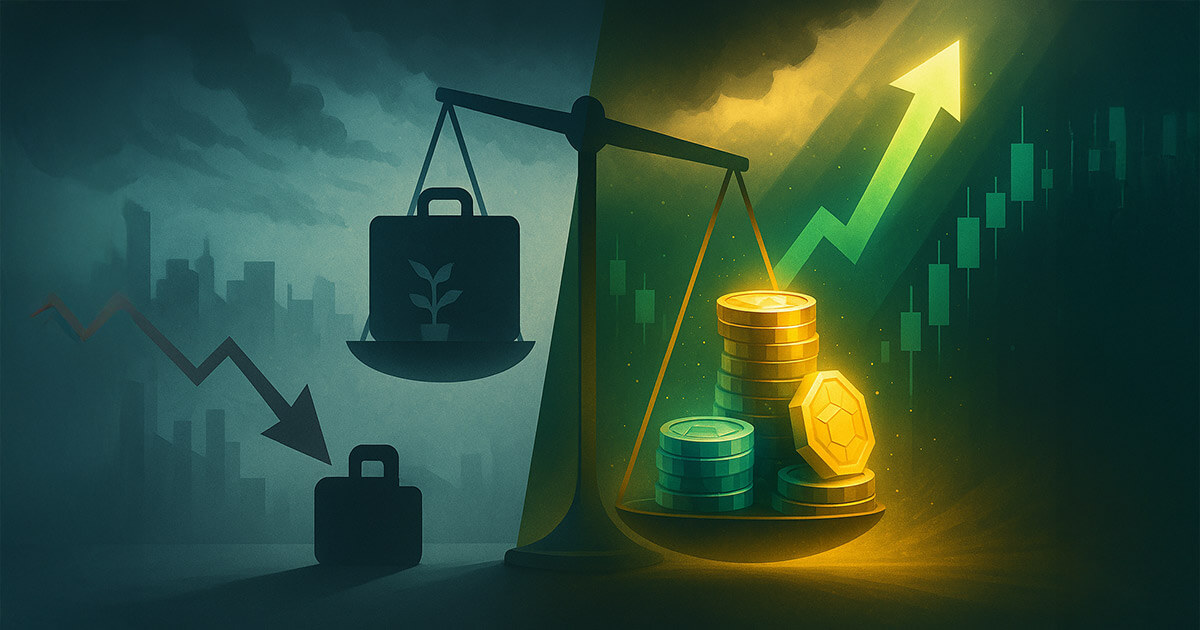 A stormy blue-gray city with a drooping briefcase and falling arrow on the left shifts into a radiant gold-and-green scene of rising abstract coins and an upward arrow on the right, symbolizing crypto gains from weak jobs data.