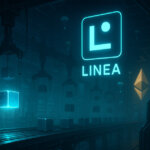 A futuristic blockchain factory freezes mid-conveyor as the glowing Linea logo hovers above suspended blocks, with neon cyan highlights and silver token droplets suggesting the imminent airdrop.