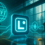 neon-teal atrium shows the glowing Linea “L” cube linked to the SWIFT globe and Ethereum icons between two bank pillars, with gold coins on a reflective floor.