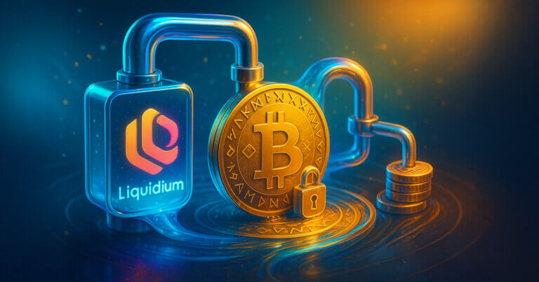 A bright, cinematic 16:9 scene shows a glowing Liquidium module piping liquid-metal flow into rune-engraved Bitcoin tokens, symbolizing native liquid staking for the Runes protocol.