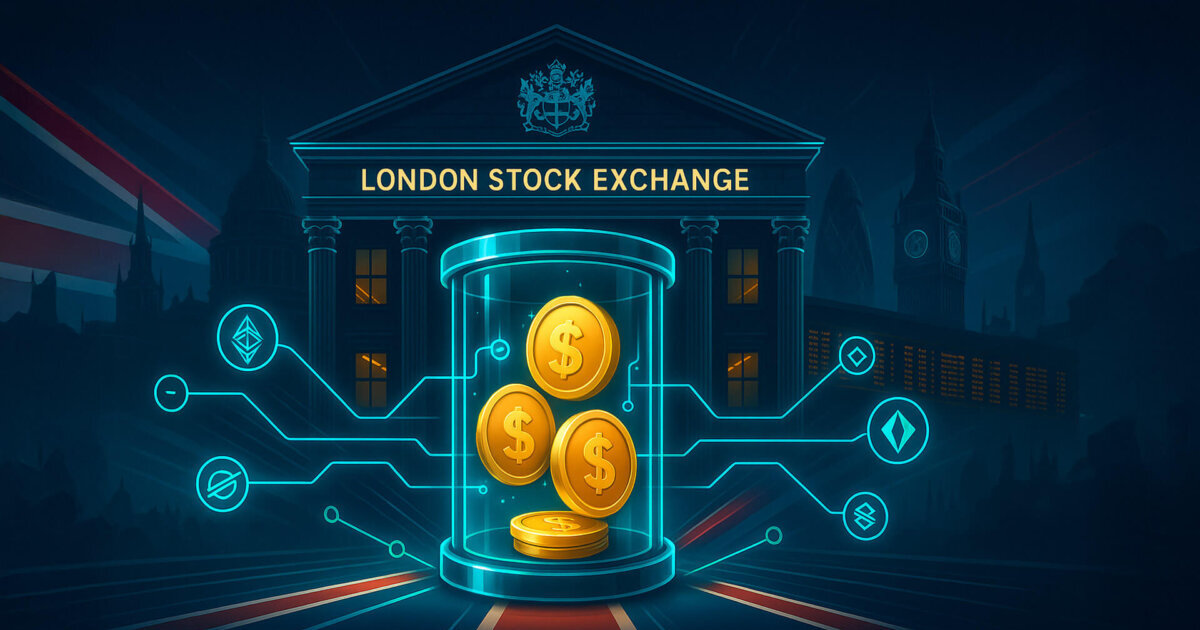 A neon-lit London Stock Exchange facade frames a glass vault of tokenized fund coins wired into blockchain rails, signaling LSE’s live launch of tokenized private funds.