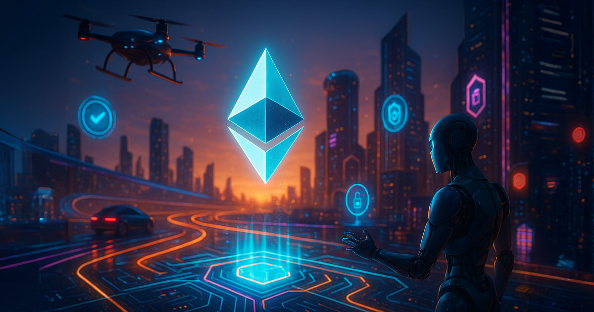 A luminous Ethereum sigil hovers over a neon city as drones, robotic vehicles, and credential halos exchange bright data streams, symbolizing AI-driven machine-to-machine commerce