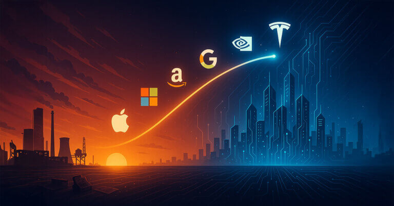 A sweeping 16:9 cinematic illustration: on the left, a rust-red sunset silhouettes smokestacks, cranes, and old bank columns fading into shadow; an upward glowing arc crosses the frame carrying minimalist Apple, Microsoft, Google, Amazon, Nvidia, Meta, and Tesla logos toward the right, where a luminous neon-blue city of circuitry towers and data streams rises, symbolizing the legacy economy being sunset as the digital age ascends.