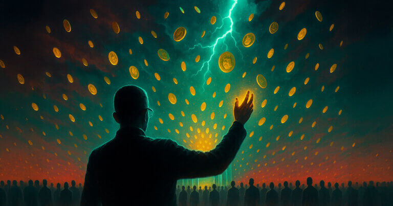 CZ faces a silhouetted crowd as golden coins rain from stormy crimson-teal skies - Cover art/illustration via CryptoSlate.