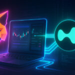 A neon MetaMask fox hovers beside a laptop trading panel as glowing rails link into the attached Hyperliquid emblem, with dim “leaked” code flickering in the background