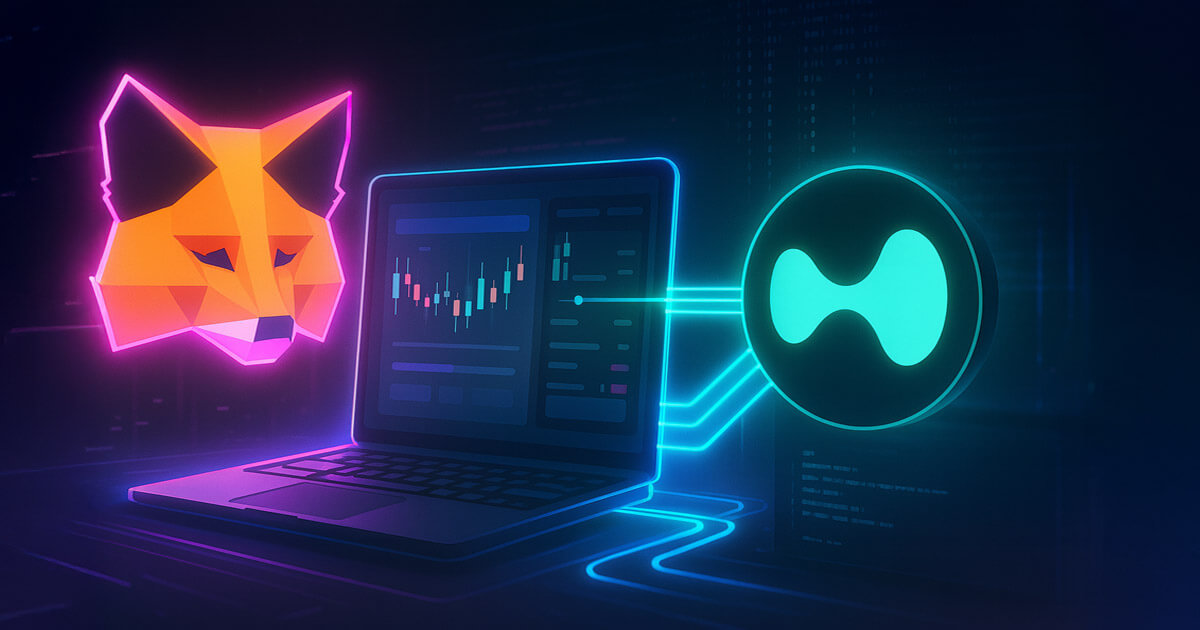 A neon MetaMask fox hovers beside a laptop trading panel as glowing rails link into the attached Hyperliquid emblem, with dim “leaked” code flickering in the background