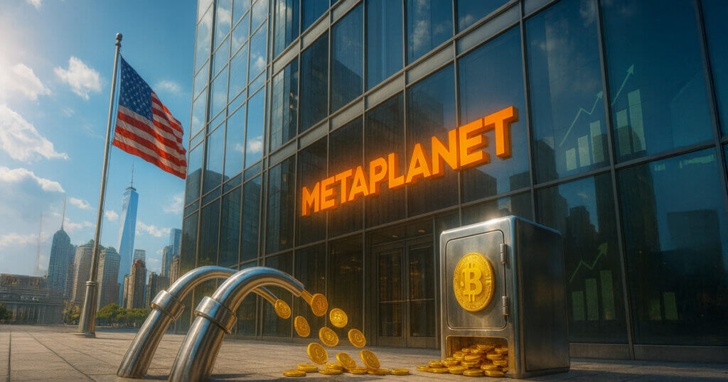 Daylit Manhattan towers reflect a glowing Metaplanet logo as Bitcoin coins pour from chrome funnels into a vault beside a U.S. flag, signaling an American expansion of BTC income