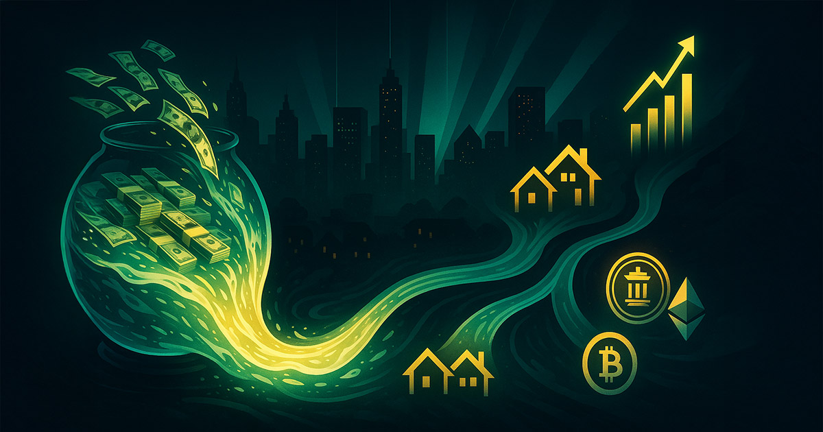 A glowing river of cash pours from a giant reservoir into channels representing stocks, real estate, bonds, and crypto (Bitcoin and Ethereum) against a twilight city skyline.