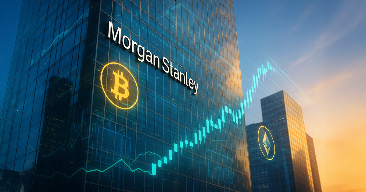 A sunlit glass skyscraper bearing the Morgan Stanley logo glows with holographic crypto charts and luminous Bitcoin and Ethereum icons, evoking a bright near-future launch of a sleek digital trading platform.