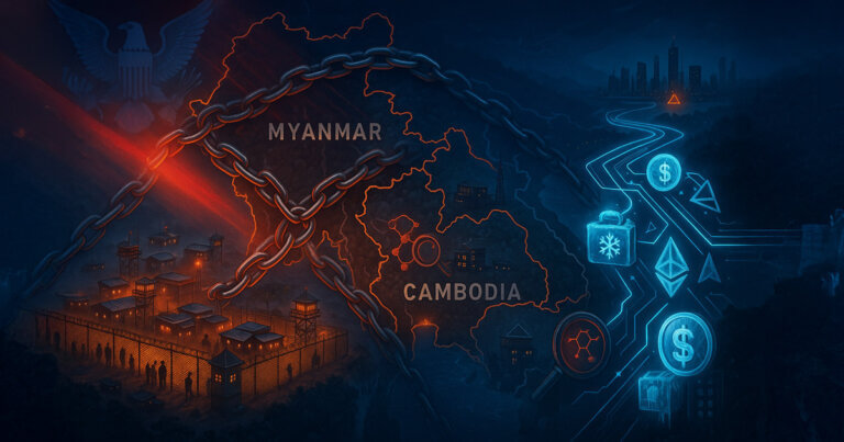 Aerial Southeast Asia map shows chained border compounds and neon stablecoin flows freezing under a U.S. crackdown spotlight.
