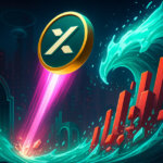 A glowing MYX coin rockets upward as a turquoise liquidation wave shatters red short-position towers across a futuristic DEX cityscape.