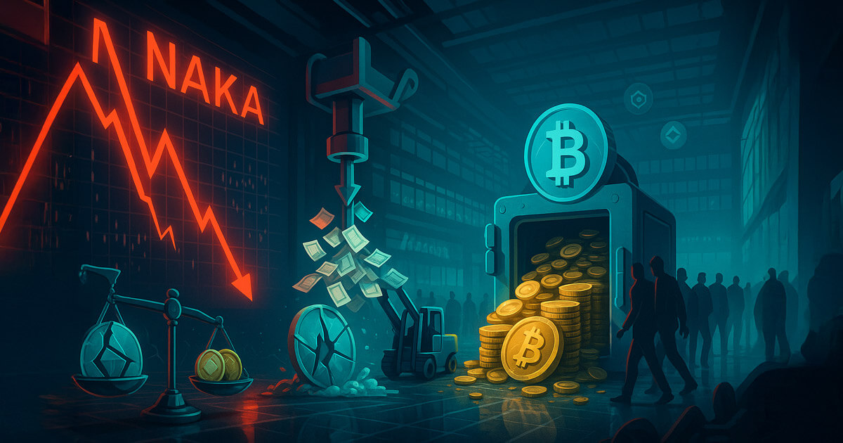 A red-plunging stock line and share-printing spigot contrast with a Bitcoin vault being filled as weary investors drift past, signaling dilution fears and DAT fatigue.