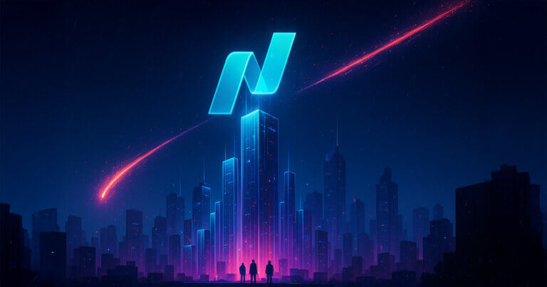 A neon-lit futuristic skyline of bar-shaped towers rises toward a glowing Nasdaq “N” hologram hovering above the tallest spire beneath a blazing comet arc.
