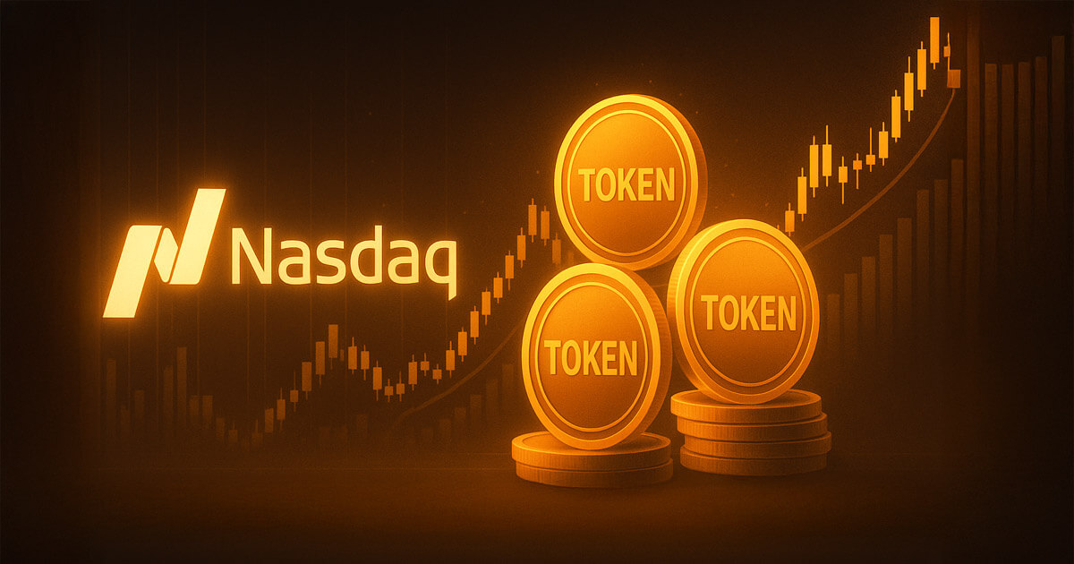 A glowing Nasdaq logo stands beside golden tokens labeled “TOKEN” against rising financial charts.