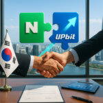 A bright, daylight boardroom scene in Seoul shows Naver and Upbit logos merging above a handshake, with a Korean flag, signed documents, and skyline backdrop.