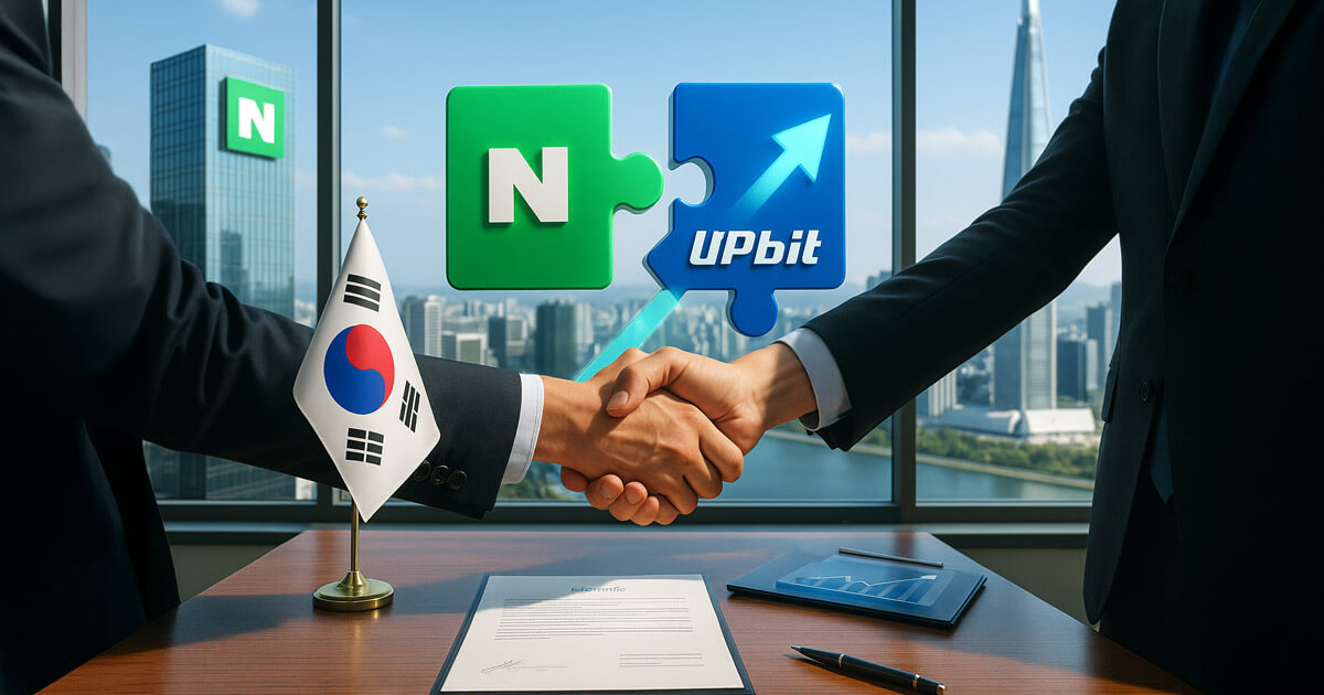 A bright, daylight boardroom scene in Seoul shows Naver and Upbit logos merging above a handshake, with a Korean flag, signed documents, and skyline backdrop.