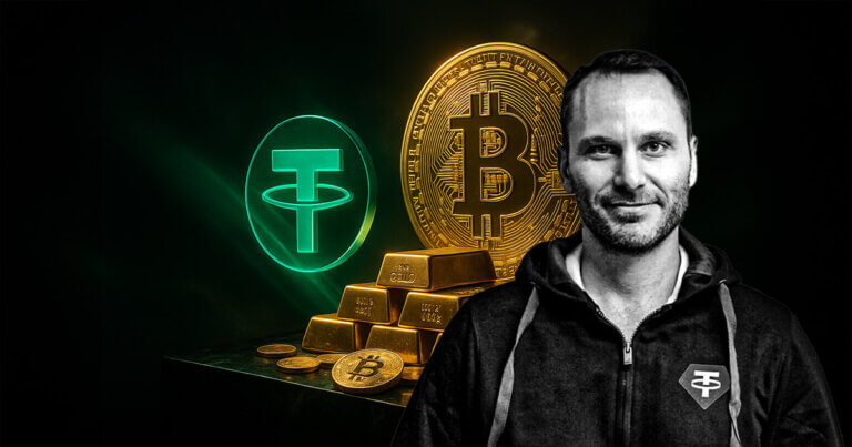 A dramatic 16:9 scene with a glowing emerald Tether logo and a radiant golden Bitcoin coin flanking a pyramid of gleaming gold bars on a dark marble plinth.