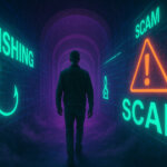 An investor walks through a neon-lit tunnel lined with phishing scam projections shaped like a digital keychain - Cover art/illustration via CryptoSlate.