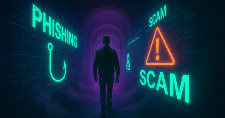 An investor walks through a neon-lit tunnel lined with phishing scam projections shaped like a digital keychain - Cover art/illustration via CryptoSlate.
