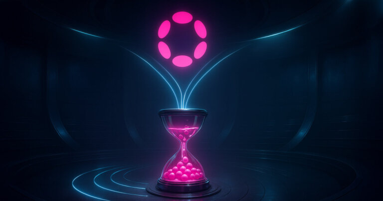 A futuristic chamber displays the Polkadot logo above a glowing magenta hourglass with stepped light trails, symbolizing DOT’s 2.1B supply cap and reduced inflation