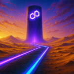 A glowing neon pathway leads across golden desert dunes toward a futuristic tower bearing the Polygon logo - Cover art/illustration via CryptoSlate.