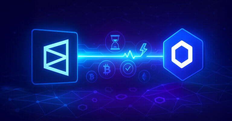 Polymarket’s logo links to Chainlink’s hexagon via a neon data beam over a Polygon-like node grid, with hourglass and check icons signaling fast, automated market resolution