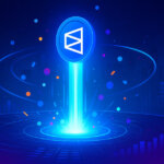 A luminous Polymarket coin bearing the white triangular emblem blasts upward from a neon prediction ring as colorful market orbs spiral in anticipation of a token launch