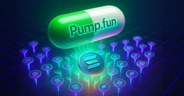 A neon green-and-white pill engraved “Pump.fun” floats above a glowing digital garden of Solana tokens - Cover art/illustration via CryptoSlate.