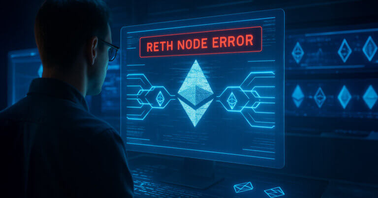 An engineer monitors a holographic screen displaying a red “Reth Node Error” as Ethereum chains desynchronize - Cover art/illustration via CryptoSlate.