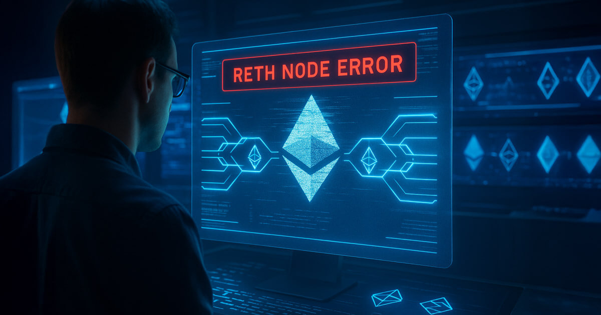 An engineer monitors a holographic screen displaying a red “Reth Node Error” as Ethereum chains desynchronize - Cover art/illustration via CryptoSlate.