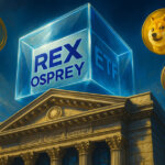 A massive transparent ETF cube marked with REX and Osprey floats above Wall Street alongside XRP, Dogecoin, and Bonk coins - Cover art/illustration via CryptoSlate.