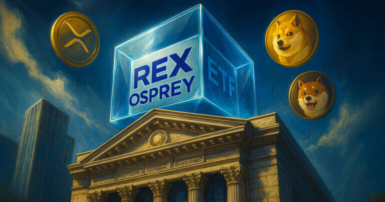 A massive transparent ETF cube marked with REX and Osprey floats above Wall Street alongside XRP, Dogecoin, and Bonk coins - Cover art/illustration via CryptoSlate.