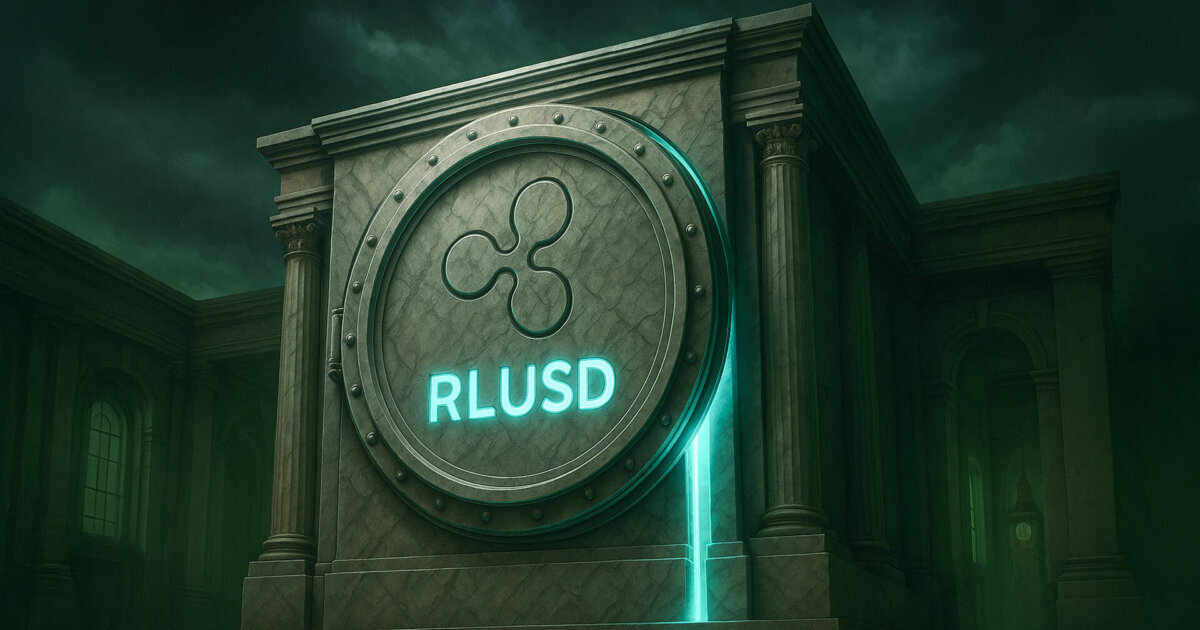 A glowing RLUSD-inscribed Ripple vault door stands in a marble banking hall under stormy skies - Cover art/illustration via CryptoSlate.