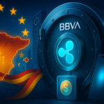 A glowing Ripple emblem locks into a BBVA-branded vault over a circuit-lit map of Spain and EU stars, symbolizing MiCA-aligned digital-asset custody and retail access.