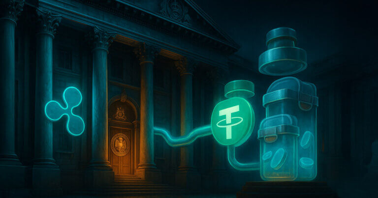 A neoclassical bank facade glows as Ripple’s mark approaches an OCC-sealed doorway while Tether pipes flow into capped translucent wallets under the Bank of England crest