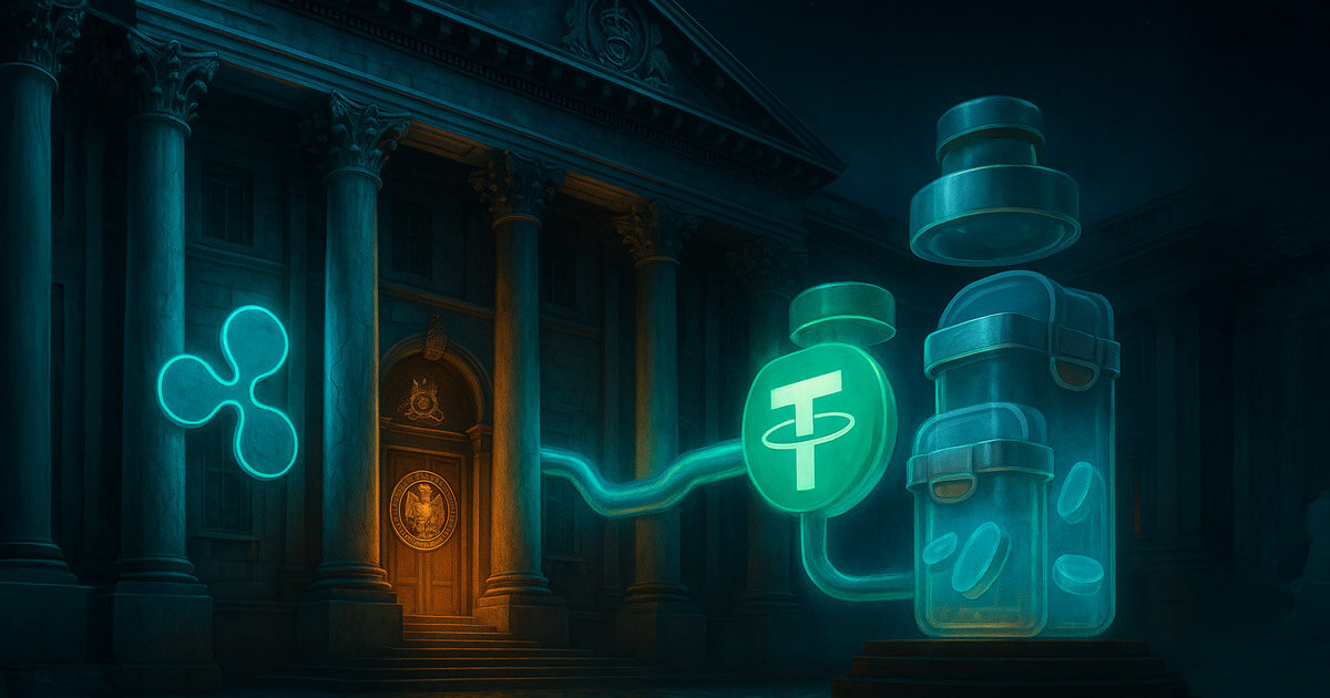 A neoclassical bank facade glows as Ripple’s mark approaches an OCC-sealed doorway while Tether pipes flow into capped translucent wallets under the Bank of England crest